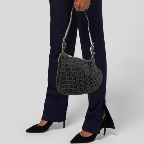 Fendi Oyster Black Zucchino Monogram Saddle Bag